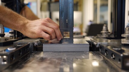 Medium framing of a technician performing shear testing on a layered polymer composite to measure adhesive strength and material flexibility.