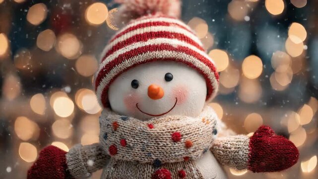 Festive Snowman Portrait Wearing Red and White Striped Hat and Matching Mittens with Bokeh Background and Soft Lighting