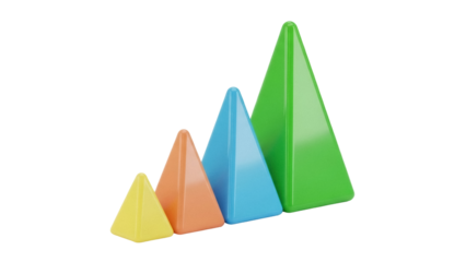 Isolated row of colorful toy pyramids, increasing in size from yellow to green, 3D rendering