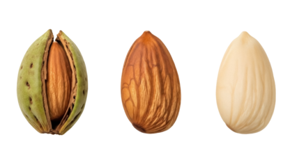 Isolated raw almond evolution, whole, and shelled in three stages of development fruit