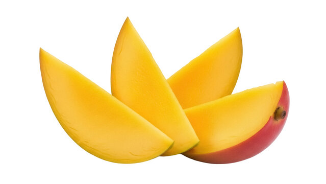 Isolated pile of fresh juicy ripe mango slices for fruit salads and other healthy eating