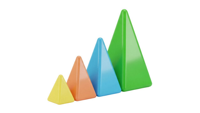 Isolated row of colorful toy pyramids, increasing in size from yellow to green, 3D rendering