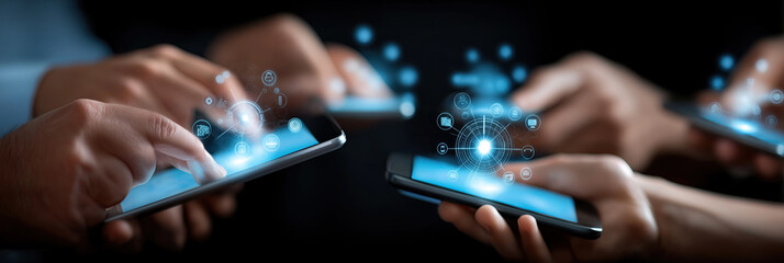 Multiple users interact with glowing connected devices exchanging futuristic network data.