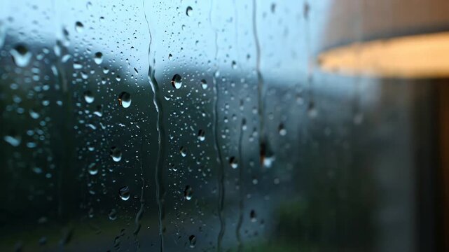 Close up of raindrops on a window pane with blurry green trees and a lamp in the background