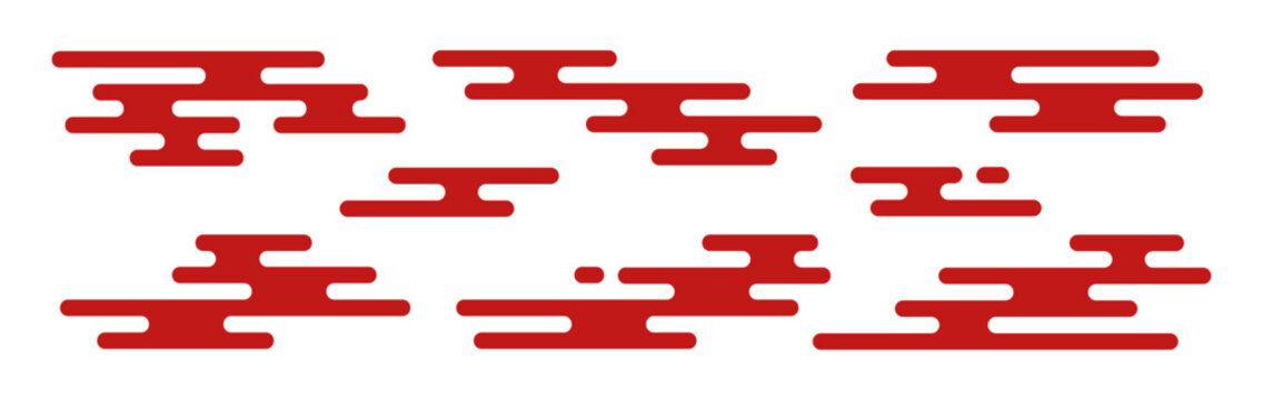 Set of red traditional Japanese cloud motif elements in a minimalist, flat design
