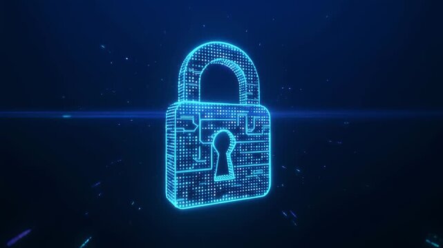 Digital security lock glowing blue on dark background representing cybersecurity and encryption technology concept