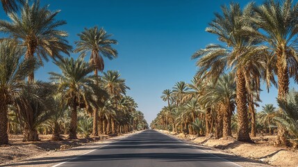 A long asphalt road surrounded by palm trees leads to the horizon beneath a bright blue sky. The landscape evokes a sense of calm and travel through a tropical setting.