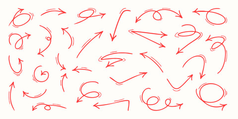 A collection of thin hand-drawn curvy arrows, loops, swirls, and dynamic marker-style pointers. Vector design elements for notes, presentations, planners, and playful graphics.