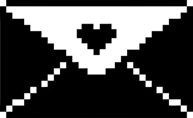 Fototapeta premium Pixel art icon of a black envelope with a white heart, symbolizing love message or notification, for digital interface vector illustration