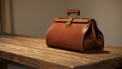 doctor bag on wooden table in warm natural light with classic leather texture and shallow depth