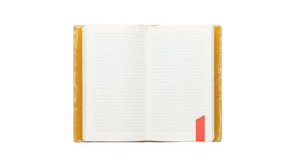 Isolated book with red bookmark open to blank page for writing, study, or education use
