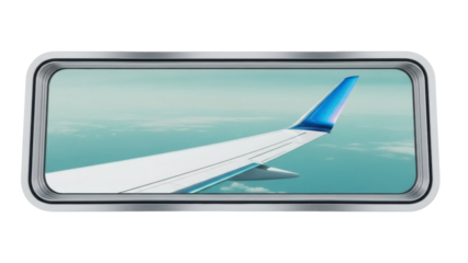 Isolated airplane wing view through window, travel concept, aviation safety, air transportation