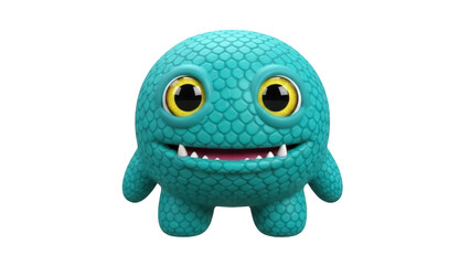 Isolated teal cartoon monster with bright yellow eyes and smiling mouth; happy and whimsical