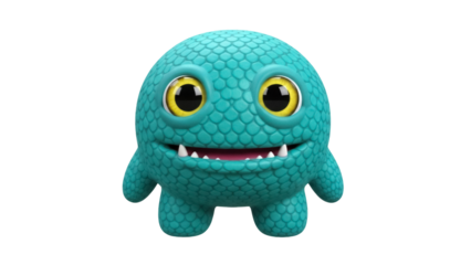 Isolated teal cartoon monster with bright yellow eyes and smiling mouth; happy and whimsical