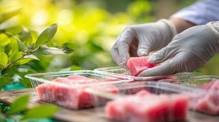 Chef carefully handling fresh, raw fish, likely tuna, with gloved hands for food safety. A healthy and delicious meal preparation in action outdoors with a blurry background.