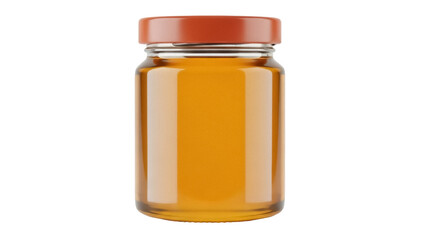 Isolated jar of golden honey with red cap; delicious breakfast condiment and kitchen ingredient