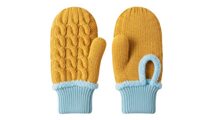 Isolated yellow baby mittens with blue trim warm winter clothing for kids on neutral