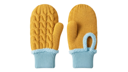 Isolated yellow baby mittens with blue trim warm winter clothing for kids on neutral