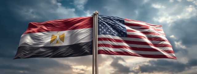 Flags of Egypt and the United States wave together under a cloudy sky during a public event in the afternoon light in the city