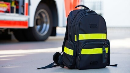 first responder backpack beside emergency vehicle wheel with reflective strips and street level view