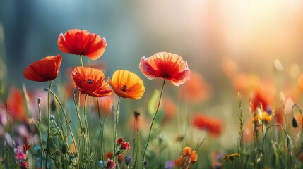Obraz premium A vibrant poppy field glows in the soft sunlight, with red and orange petals dancing in the breeze, creating a picturesque scene. Nature's colorful display.