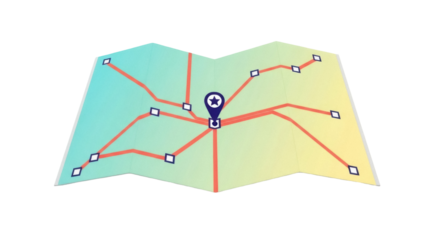 Isolated illustration of a folded map showing roads, locations, and the destination icon