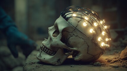 A captivating skull, adorned with a halo of lights, sits on a dusty surface.  The juxtaposition of death & illumination creates a thought-provoking and visually striking image.