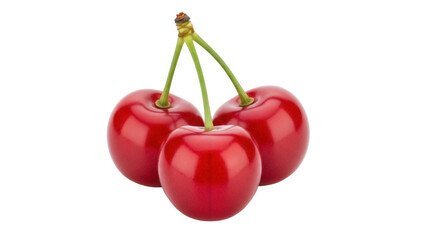 Isolated sweet ripe red cherries fruit, raw organic summer dessert snack with stems together