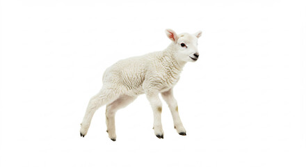 Fototapeta premium Un adorable agneau nouveau-n� pose avec une fourrure douce et blanche sur un fond immacul� baign� de lumi�re vive. AI Generated