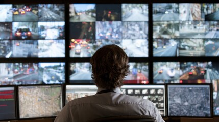 Medium shot of a person monitoring smart systems on multiple screens integrating IoT technology for seamless market operations and resource management.