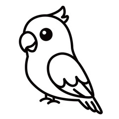 Cute cartoon parrot cockatiel bird silhouette icon isolated on white background for mascot or coloring book design.