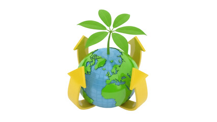 Isolated Earth globe with arrows and plant growing from it represents sustainability