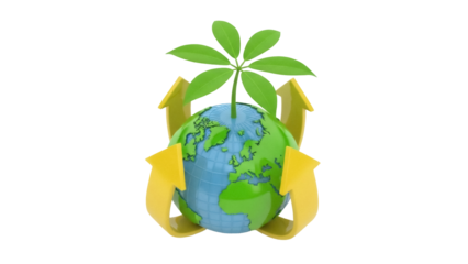 Isolated Earth globe with arrows and plant growing from it represents sustainability