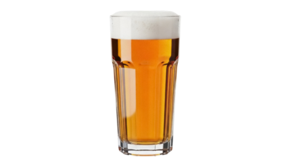 Isolated glass of golden lager beer with foamy head on a neutral surface, close-up
