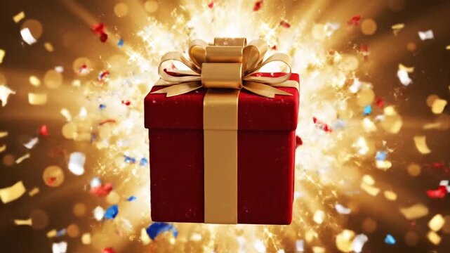 Vibrant gift box exploding with colorful confetti and gold ribbon