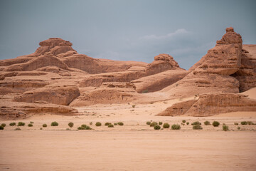 AlUla Desert Rock Formations, Saudi Arabia , Dramatic Red Sandstone Landscape
