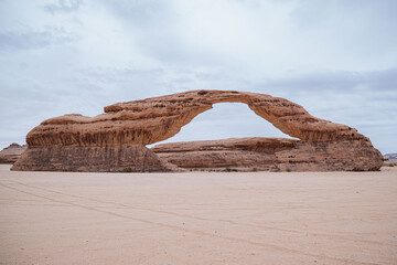 Rainbow Rock, AlUla Desert Rock Formations, Saudi Arabia Dramatic Red Sandstone Landscape
