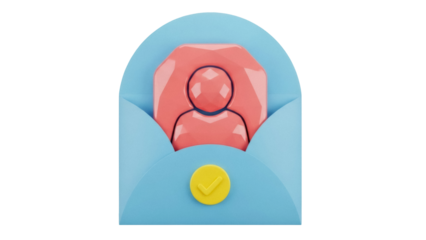 Isolated person in a blue envelope with a yellow check mark button, modern 3d render