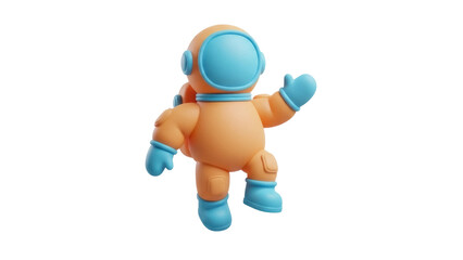 Isolated orange cartoon astronaut floats with raised hand offering greeting on a journey