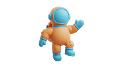 Isolated orange cartoon astronaut floats with raised hand offering greeting on a journey