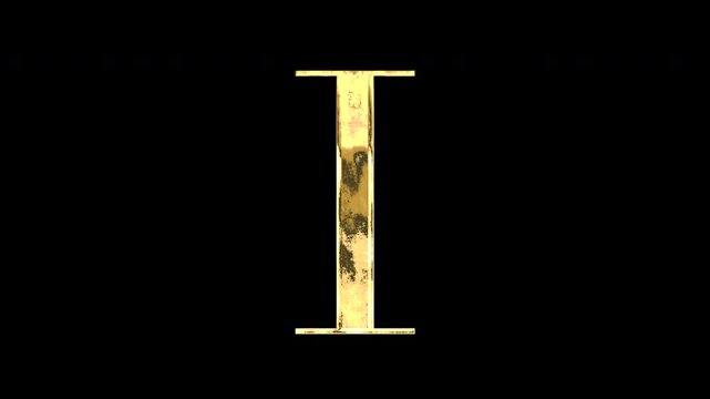Gold uppercase alphabet &ldquo;I&rdquo;, Serif, light reflecting and patterns shifting, alpha channel