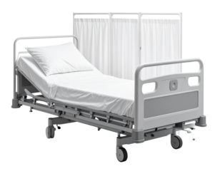Modern Hospital Bed with Privacy Curtains Partially Closed, Front View, Isolated PNG