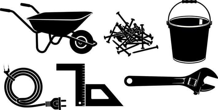 Black silhouette icons of wheelbarrow, pile of nails, bucket, electrical cord, square ruler, and adjustable wrench tools set