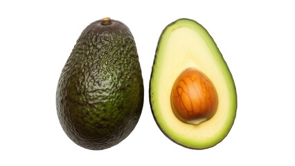 Isolated healthy avocado fruit cut in half with seed ready to eat or be used in a recipe