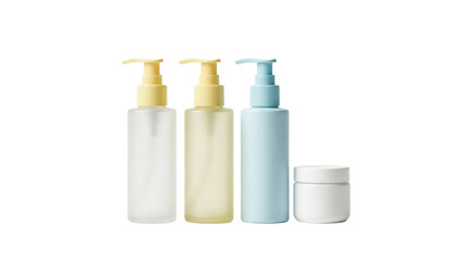 Isolated group of pastel-colored skincare bottles and jar for natural beauty treatments