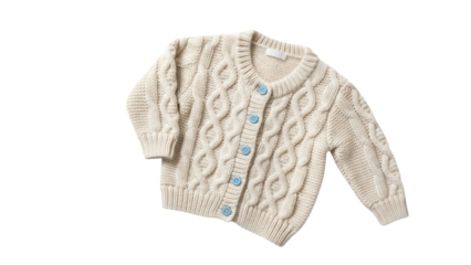 Isolated cream knitted cardigan with braid pattern and light blue buttons, stylish apparel