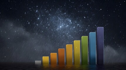 Colorful bar graph displaying upward progress against a dramatic starry night sky with rain