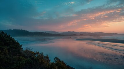 Fototapeta premium Serene seascape during golden hour with glowing horizon and blue-orange tones