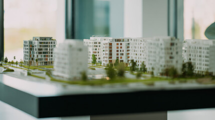 Miniature architectural model of apartment complex and green grounds in real estate agency. 