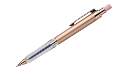 Isolated mechanical pencil with eraser on end and transparent section showing the lead core